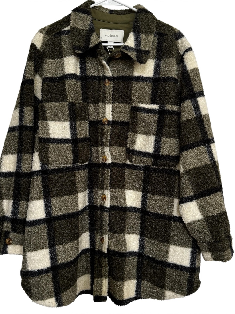 Eco Threads Women’s Boucle Plaid Jacket Dusty Olive Size 2x Button Up
